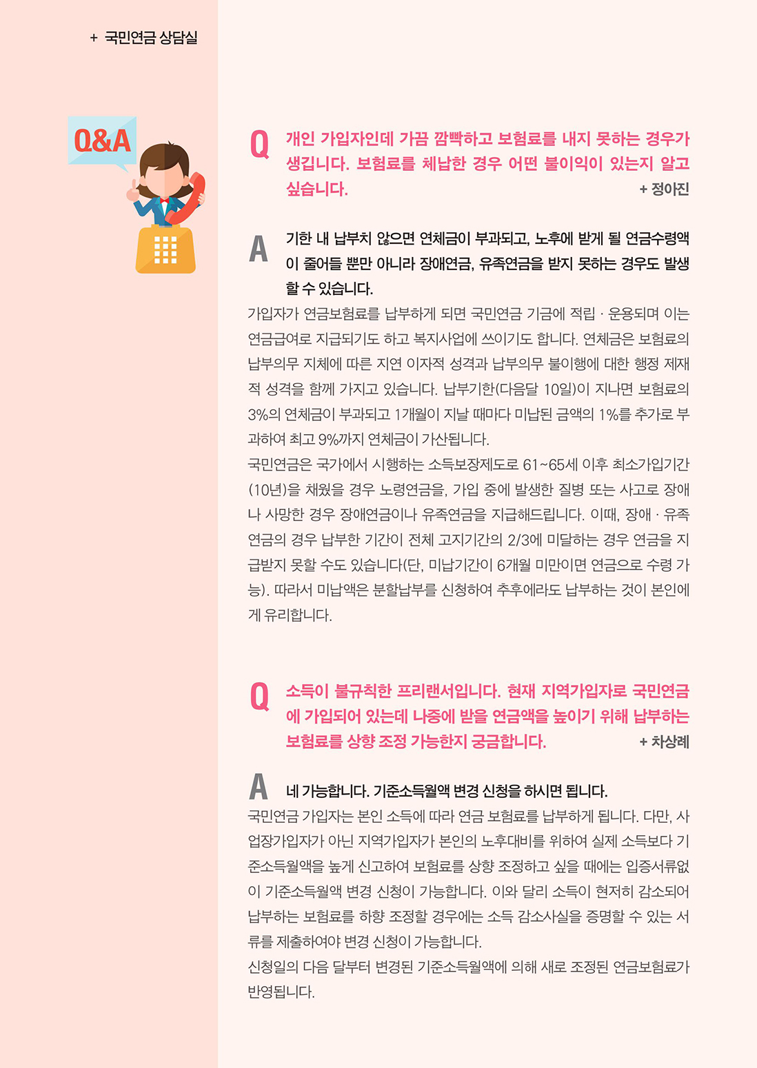 국민연금상담실 :: 독자의 질문과 답변 :: 개인 가입자인데 가끔 깜빡하고 보험료를 내지 못하는 경우가 생깁니다. 보험료를 체납한 경우 어떤 불이익이 있는지 알고 싶습니다. + 정아진 :: 기한 내 납부치 않으면 연체금이 부과되고, 노후에 받게 될 연금수령액이 줄어들 뿐만 아니라 장애연금, 유족연금을 받지 못하는 경우도 발생할 수 있습니다. 가입자가 연금보험료를 납부하게 되면 국민연금 기금에 적립·운용되며 이는 연금급여로 지급되기도 하고 복지사업에 쓰이기도 합니다. 연체금은 보험료의 납부의무 지체에 따른 지연 이자적 성격과 납부의무 불이행에 대한 행정 제재적 성격을 함께 가지고 있습니다. 납부기한(다음달 10일)이 지나면 보험료의 3%의 연체금이 부과되고 1개월이 지날 때마다 미납된 금액의 1%를 추가로 부과하여 최고 9%까지 연체금이 가산됩니다. 국민연금은 국가에서 시행하는 소득보장제도로 61~65세 이후 최소가입기간(10년)을 채웠을 경우 노령연금을, 가입 중에 발생한 질병 또는 사고로 장애나 사망한 경우 장애연금이나 유족연금을 지급해드립니다. 이때, 장애·유족연금의 경우 납부한 기간이 전체 고지기간의 2/3에 미달하는 경우 연금을 지급받지 못할 수도 있습니다(단, 미납기간이 6개월 미만이면 연금으로 수령 가능). 따라서 미납액은 분할납부를 신청하여 추후에라도 납부하는 것이 본인에게 유리합니다. :: 소득이 불규칙한 프리랜서입니다. 현재 지역가입자로 국민연금에 가입되어 있는데 나중에 받을 연금액을 높이기 위해 납부하는 보험료를 상향 조정 가능한지 궁금합니다. + 차상례 :: 네 가능합니다. 기준소득월액 변경 신청을 하시면 됩니다. 국민연금 가입자는 본인 소득에 따라 연금 보험료를 납부하게 됩니다. 다만, 사업장가입자가 아닌 지역가입자가 본인의 노후대비를 위하여 실제 소득보다 기준소득월액을 높게 신고하여 보험료를 상향 조정하고 싶을 때에는 입증서류없이 기준소득월액 변경 신청이 가능합니다. 이와 달리 소득이 현저히 감소되어 납부하는 보험료를 하향 조정할 경우에는 소득 감소사실을 증명할 수 있는 서류를 제출하여야 변경 신청이 가능합니다. 신청일의 다음 달부터 변경된 기준소득월액에 의해 새로 조정된 연금보험료가 반영됩니다.