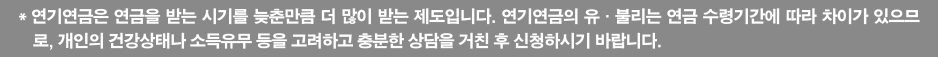 * 연기연금은 연금을 받는 시기를 늦춘만큼 더 많이 받는 제도입니다. 연기연금의 유·불리는 연금 수령기간에 따라 차이가 있으므로, 개인의 건강상태나 소득유무 등을 고려하고 충분한 상담을 거친 후 신청하시기 바랍니다.